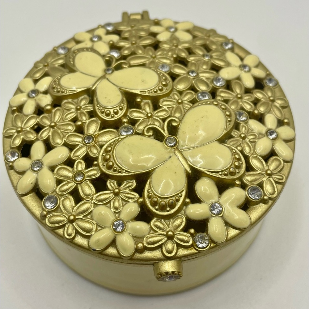 Vintage Cream Enamel Brass & Rhinestone Butterfly Floral Trinket Box. Hinge Top